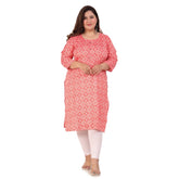 Pink capsule straight kurti with designer printed 3/4th sleeve, round neck, side slit, and open sides for office wear
